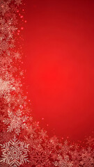 A festive red background with a decorative border of intricate white snowflakes and sparkling glitter.