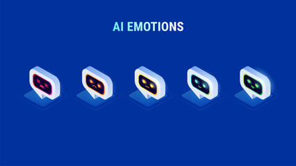 AI Emotions concept - 5 emoji faces icons of ai agents - great for CSAT customer satisfaction score rating or business presentations related to AI chatbot emotions - creative idea isometric vector