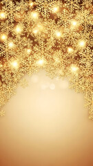 An elegant festive background with a curtain of shimmering golden snowflakes and glowing lights.