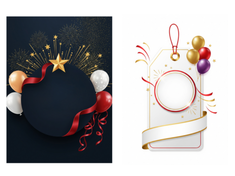 Celebration and Festival Marketing Banner Designs Set with Dark Background, Golden Star, Fireworks, Balloons, and Elegant Price Tag. Png