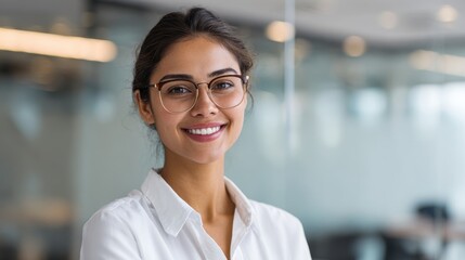 A young woman with glasses stands confidently in a bright office space. She smiles warmly showcasing professionalism and positivity while surrounded by a modern work environment.