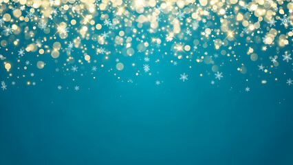 Sparkling golden bokeh lights and delicate snowflakes cascade down on a rich teal blue winter background.