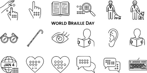 World Braille Day Vector Icons Set: Braille Reading, Guide Dogs, White Cane, and Accessibility Symbols for Visually Impaired Education and Communication