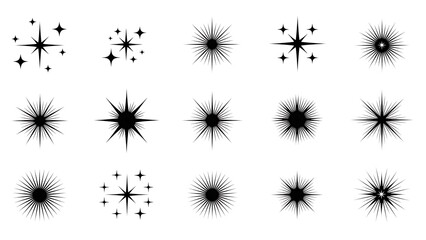 Collection of diverse black sparkle, starburst, and glitter effect icons, representing light, magic, and glowing elements