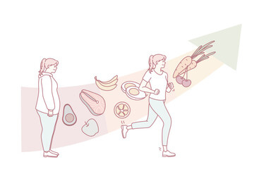 Young woman eating healthy and training following health lifestyle. Girl lose weight do sports strive for good body shape and wellness. Flat vector illustration.