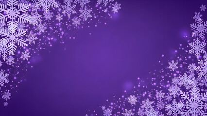 A festive purple winter background with sparkling white and lavender snowflakes framing the corners.