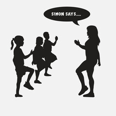 Indoor game- Simon says silhouette vector isolated on background. Funny game for children, children standing in funny poses. Kids playing Simon says game 