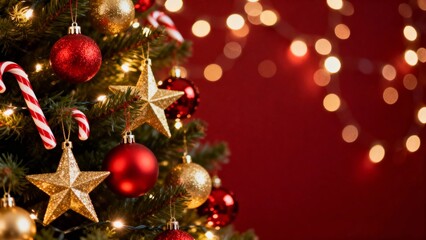 Close-up of a decorated Christmas tree with red and gold ornaments, star decorations, candy canes, and twinkling lights against a red background