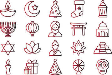 Collection of various religious and cultural holiday icon symbols in a simple black line art style, isolated on white background