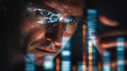 Fototapeta premium Data Analyst at Work: A focused data analyst, immersed in the complexities of intricate charts and graphs, the glint of technological innovation