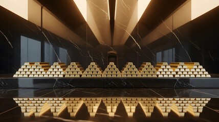 Hyper-Realistic Gold Bullion Display on Elegant Marble Bank Counter Under Warm Spotlights