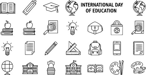 International Day of Education: Line Art Icons of Learning and Knowledge