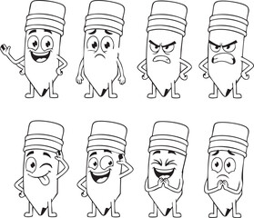 Cartoon Pencil Characters Set with Various Emotions - Black and White Vector Illustrations