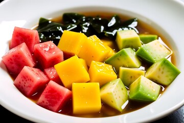 Cubed Delight: A visually stunning composition of diced watermelon, mango, and avocado, artfully arranged and presented in a bowl alongside dark seaweed, a harmonious fusion of flavors and colors.