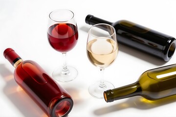 Wine Connoisseur's Delight: Wine glasses and bottles form a captivating tableau, showcasing the rich colors of red and white wines, a visual symphony of elegance and pleasure.