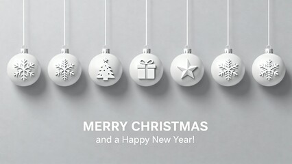 White Christmas ornaments with snowflakes, tree, gift, and star designs hanging against a gray background with festive text.