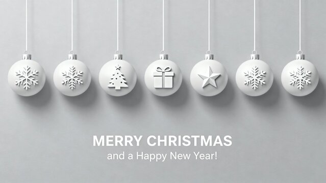 White Christmas ornaments with snowflakes, tree, gift, and star designs hanging against a gray background with festive text.