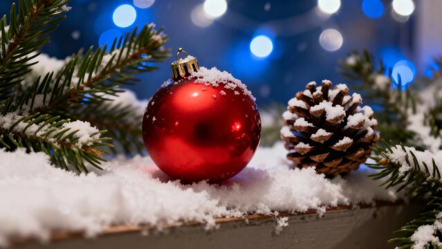 Red Christmas ornament and pinecone in snow with evergreen branches and bokeh lights