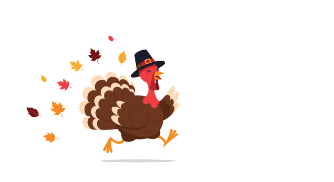A festive cartoon turkey wearing a pilgrim hat runs happily surrounded by falling autumn leaves.