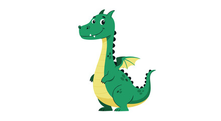 Obraz premium Cute and friendly little green dragon or dinosaur character is smiling on a white background.