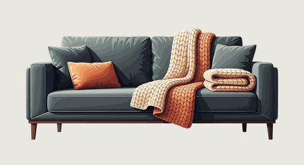 Stylish gray sofa with cozy knitted blankets and vibrant orange accent pillow displaying comfort