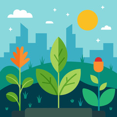 Green plants growing in city, sustainable urban development concept.