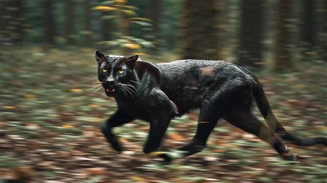 Black panther running fast through a blurred forest with motion effect
