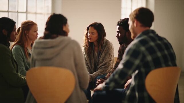 Diverse group of young adults sitting in a circle during a support group session