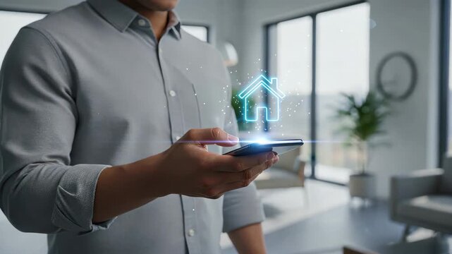 Man holding smartphone showing glowing smart home hologram icons, iot concept, sensor technology, smart home