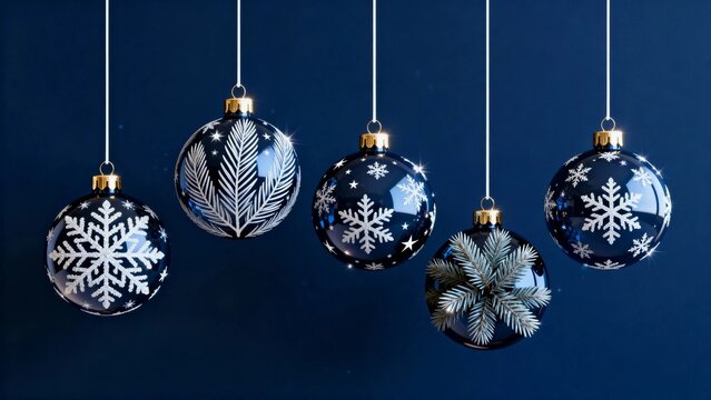 Five blue Christmas ornaments with white snowflake and pine patterns hanging against a dark blue background