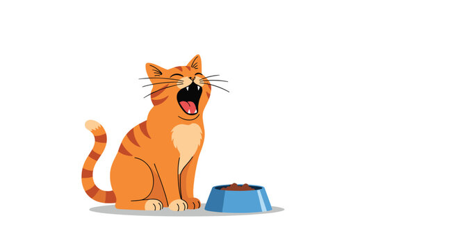 A ginger cat is caught mid-yawn while sitting in front of its full bowl of delicious dry food.