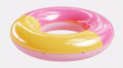 A vibrant pink and yellow inflatable pool float is resting on the edge of a clear blue swimming pool inviting relaxation and play. Perfect for summer days by the water.
