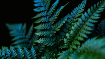 Close-up of fern fronds with vibrant green leaves illuminated against a dark background