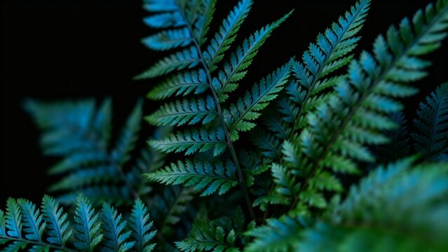 Close-up of fern fronds with vibrant green leaves illuminated against a dark background