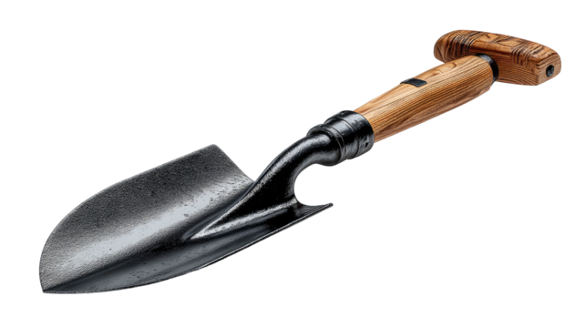 All garden shovel upright front view with extended wooden handle on transparent background
