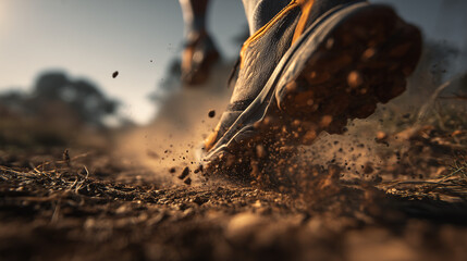 running shoes hitting the dirt trail, athlete sprinting on dusty ground
