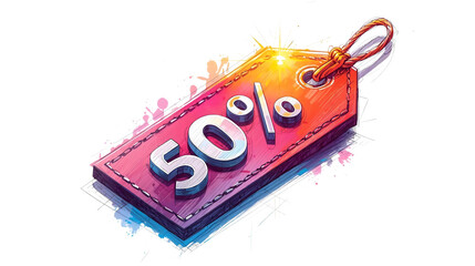 A watercolor style illustration of a sale tag showing a fifty percent discount on a red tag price on transparent background