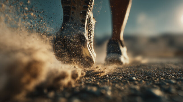 running shoes hitting the dirt trail, athlete sprinting on dusty ground

