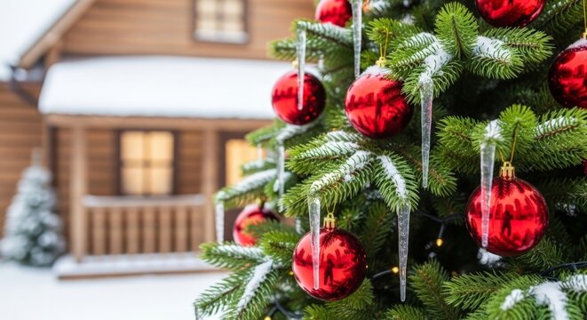 Red ornaments and icicles hanging on snowy Christmas tree