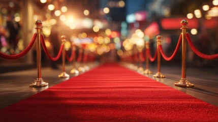 A striking red carpet stretches down a busy urban street bordered by shiny golden stanchions. Twinkling lights and vibrant colors create a lively atmosphere as guests arrive for a special event.