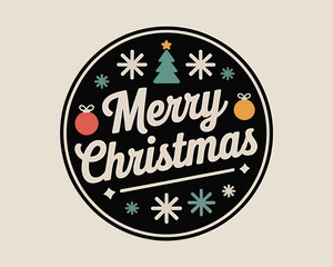 Retro merry christmas circle with ornaments and snowflakes