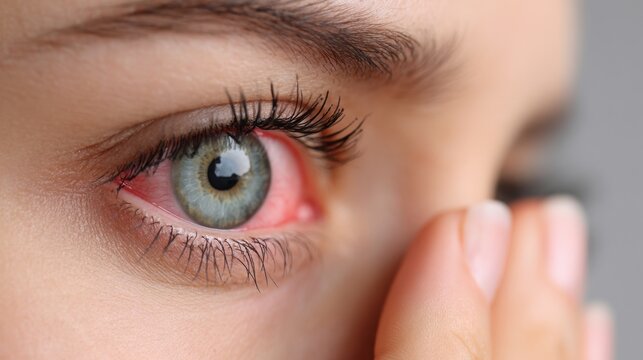 A person is gently touching their eye which appears red and irritated. Bright light reflects off their eye indicating possible discomfort. The scene suggests sensitivity to sunlight.
