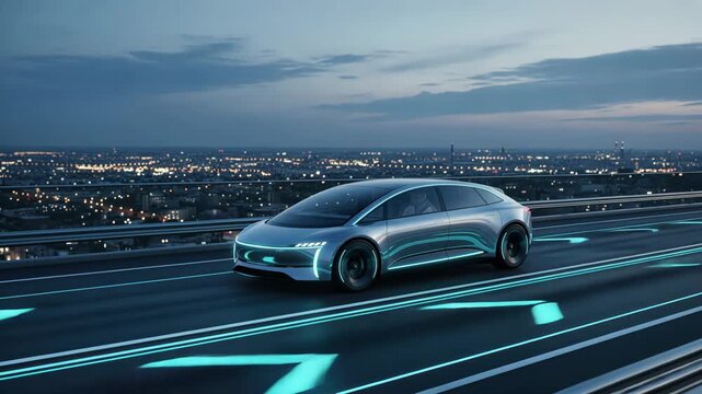 Electric car driving on neon lit smart highway at dusk, iot concept, sensor technology, car technology