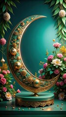 Luxuriantly detailed crescent moon with intricate golden filigree on a majestic teal pedestal surrounded by lush greenery and vibrant flowers