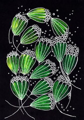 A detailed stylized bouquet, rendered against a solid black background, creating strong contrast and a luminous effect. The image consists of numerous large, teardrop-shaped shapes reminiscent of buds