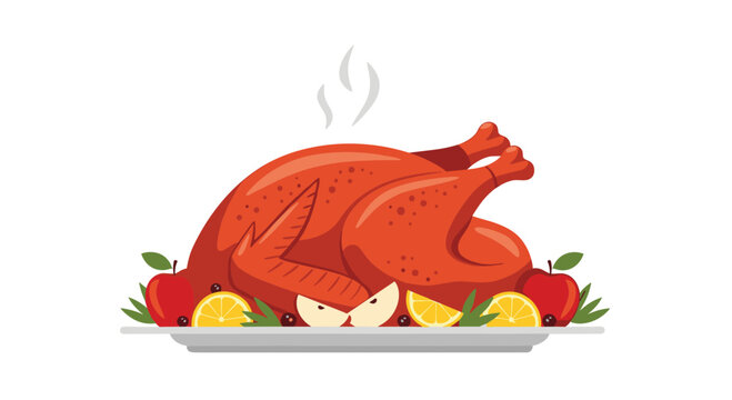 A golden-brown roasted turkey garnished with fruit is ready to be carved for a holiday feast.