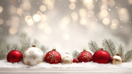 Festive holiday ornaments and pine branches rest in foreground snow with sparkling lights background