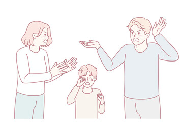 Little boy crying with mad parents argue near. Furious careless mother and father fight scream near small son. Children trauma, domestic violence. Vector illustration.