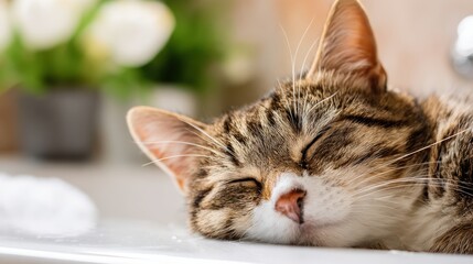 A brown striped cat peacefully sleeps on a bathroom counter surrounded by soft light. Flowers are visible in the background adding a touch of color and tranquility to the scene.