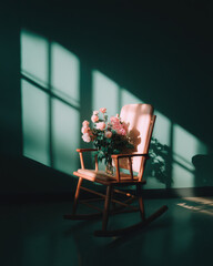 Pink rose bouquet on wooden rocking chair bathed in soft window light creating warm nostalgic mood